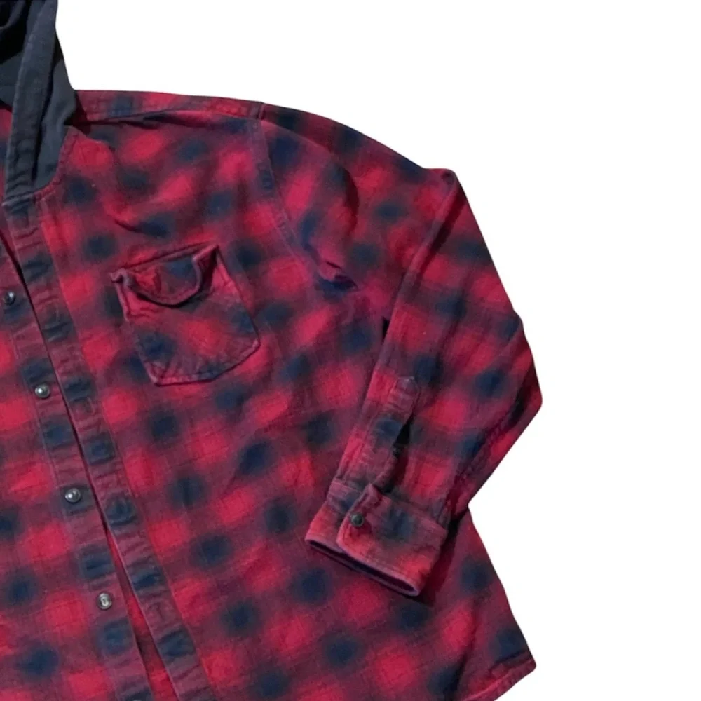 Red Buffalo Plaid Flannel Jacket Hooded Heavy Cotton L Camping Outdoor Grunge